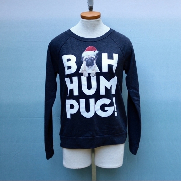 Cold Crush "Bah Hum Pug" Christmas Holiday Swearshirt Women's Small S Grey EUC - Picture 1 of 4